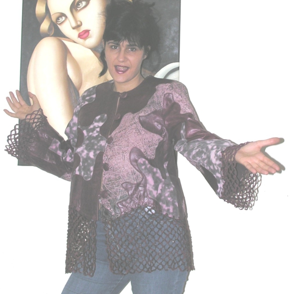 HANDGESTRICKTES LEDERJACKE  IN PATCHWORKLOOK